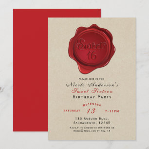 Invitation Sceau de cire rouge Sweet 16 Rustique Kraft Fête d