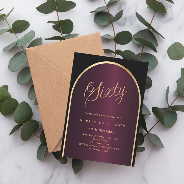 Invitation Scénario d'arc en or bordeaux noir 60e anniversair (Créateur téléchargé)
