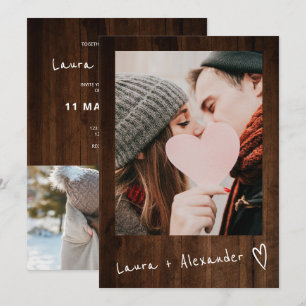 Invitation Scénario de bois brun rustique coeur 2 photos mari