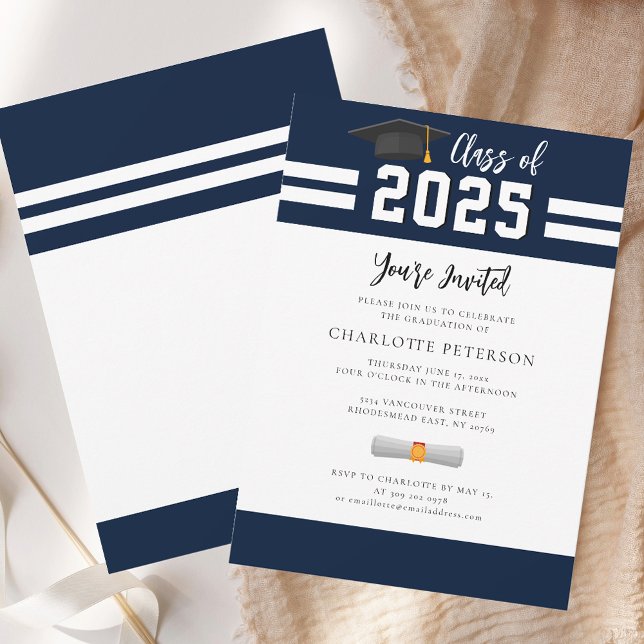 Invitation Scénario de la fête de remise des diplômes 2026 (2025 Graduation Party Navy Blue Script Invitation)