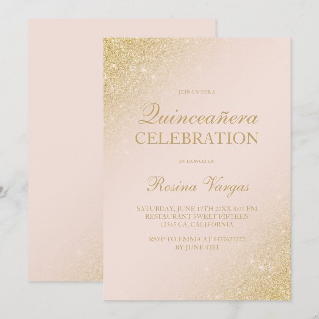 Invitation Scénario de parties scintillant en or glam rose pâ (Devant / Derrière)