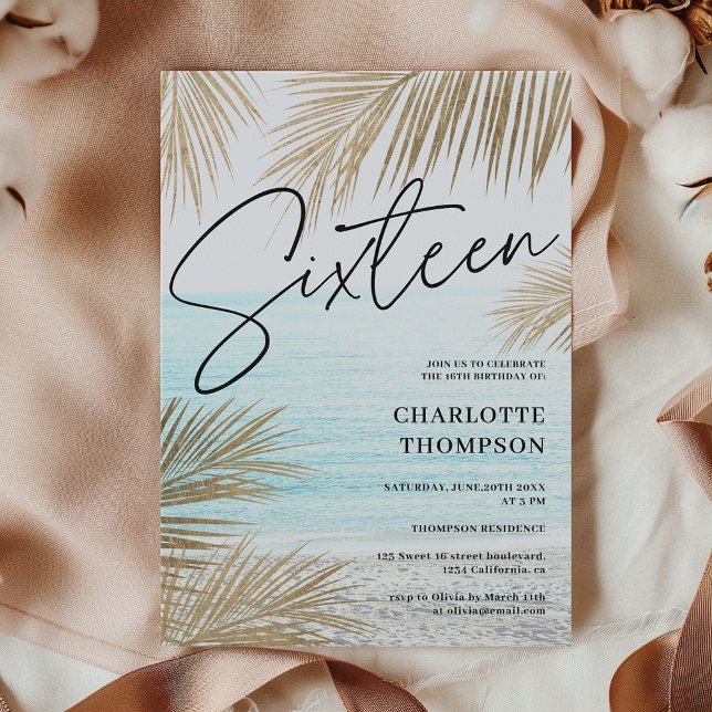 Invitation Scénario de plage de palmier d'or tropical Sweet 1 (Tropical gold palm tree beach script Sweet 16 Invitation)