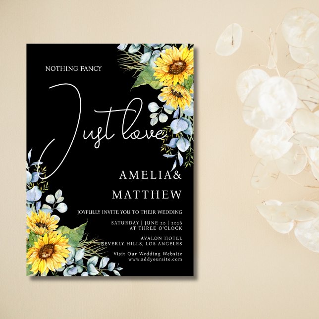 Invitation Scénario de tournesol rustique Juste aimer Mariage (Rustic Sunflower Script Just Love Black Wedding Invitation)