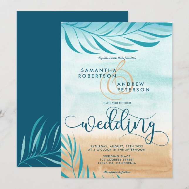 Invitation Scénario mariage chic de palme tropicale (Devant / Derrière)