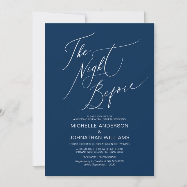 Invitation Scénario moderne, Blue Navy, Dîner de répétition M (Devant)