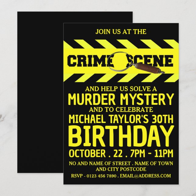 Invitation Scène de crime, Mystère de meurtre fête d'annivers (Devant / Derrière)