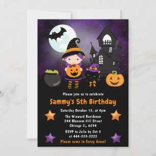 Invitation Scène de Halloween de sorcière mignonne pour fête 
