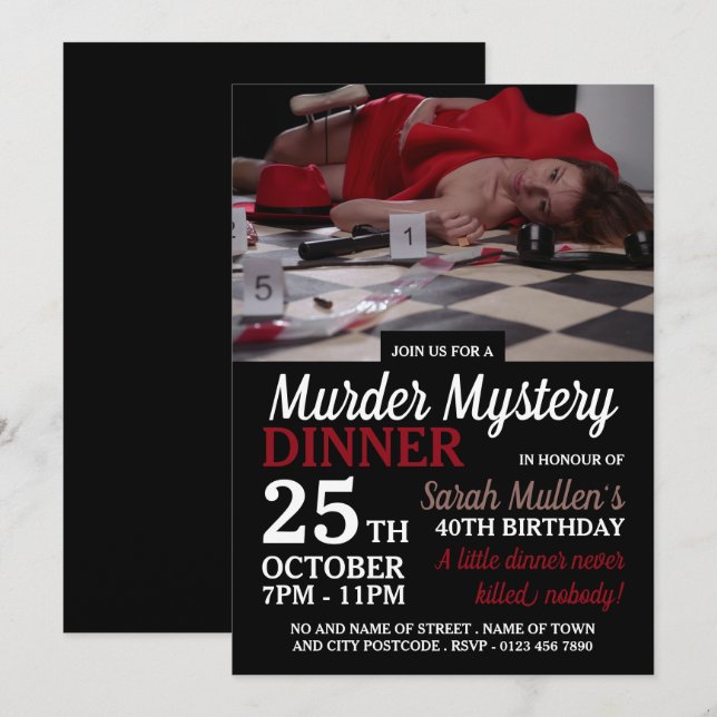 Invitation Scène de meurtre, Mystère de meurtre Anniversaire  (Devant / Derrière)