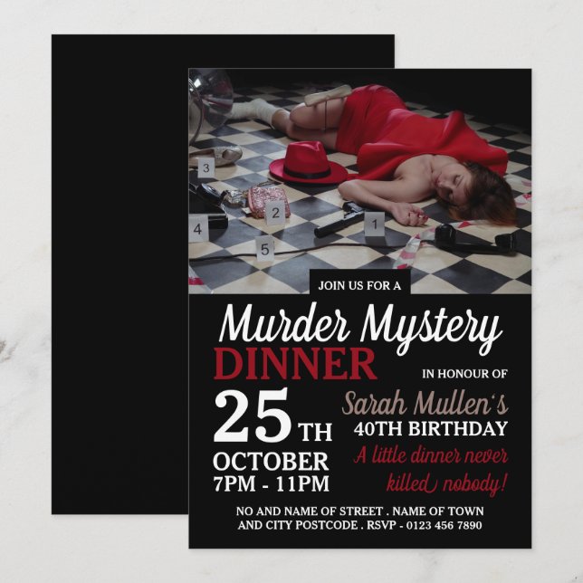 Invitation Scène de meurtre, Mystère de meurtre Anniversaire  (Devant / Derrière)