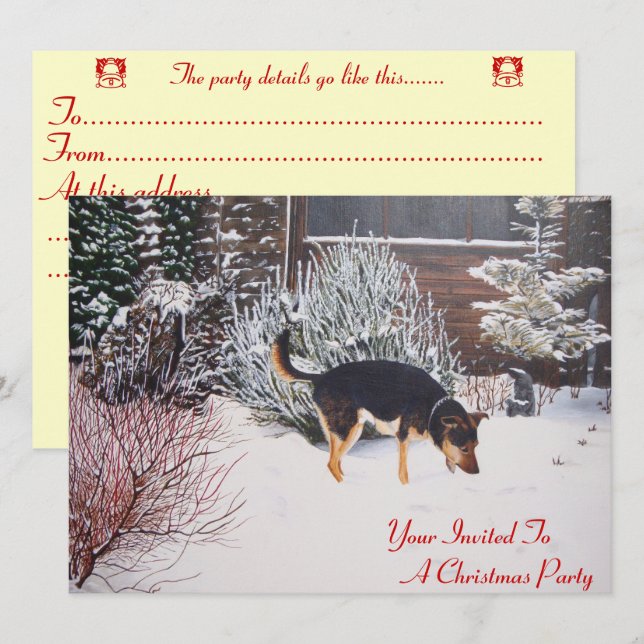 Invitation scène de neige avec joli chien noir et tacheté noë (Devant / Derrière)