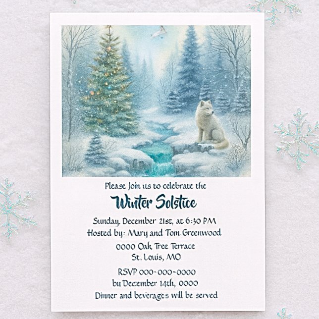 Invitation Scène de neige avec renard dîner du solstice d'hiv (Winter Solstice invitation with forest wolf, lantern glow, celestial accents and seasonal gatherings)