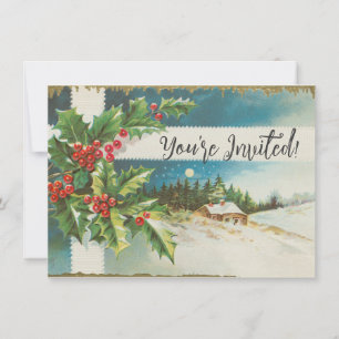 Invitation Scène de Noël au houx neige hiver