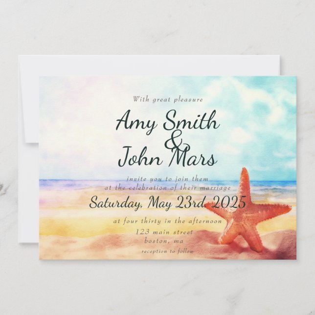 Invitation Scène de plage à l'aquarelle avec étoile de mer (Devant)