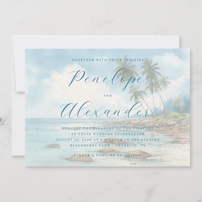 Invitation Scène de plage à l'aquarelle bleu tranquille (Devant)