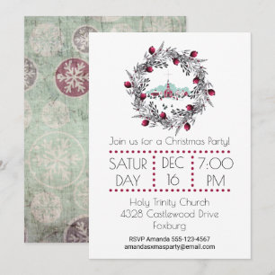 Invitation Scène d'église hivernale vintage avec couronne de 