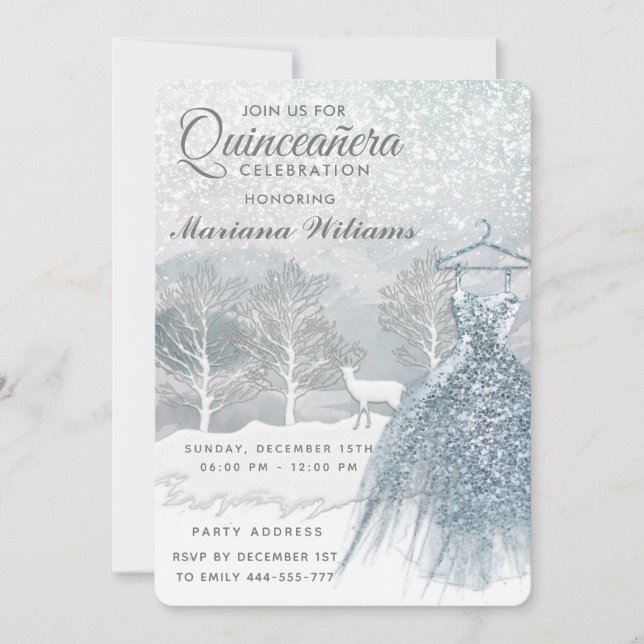 Invitation Scène hivernale à l'aquarelle robe bleue Quinceañe (Devant)