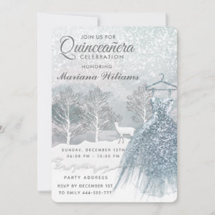 Invitation Scène hivernale à l'aquarelle robe bleue Quinceañe