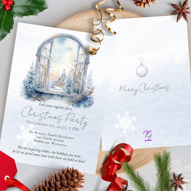 Invitation Scène hivernale forêt pin eau-forte Noël (Créateur téléchargé)