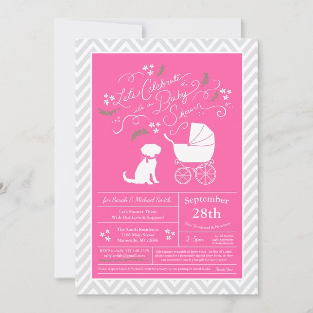 Invitation Schnoodle Chien Baby shower fille rose (Devant)