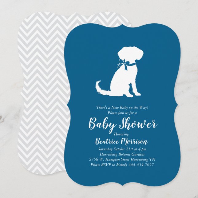 Invitation Schnoodle Chien Baby shower Garçon bleu (Devant / Derrière)