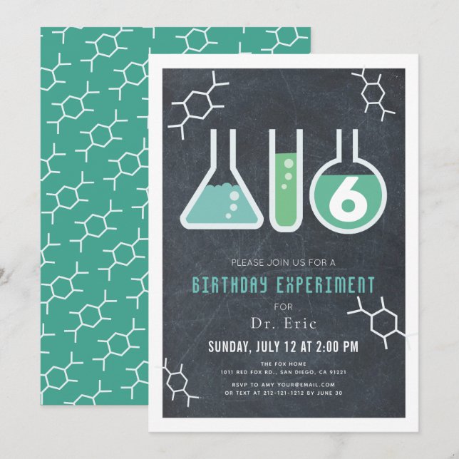 Invitation Science Experiment Black Chalkboard Anniversaire (Devant / Derrière)
