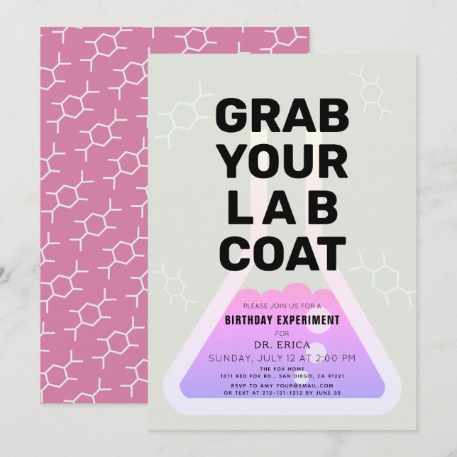 Invitation Science Experiment Flask Neon Rose Girl Anniversai (Devant / Derrière)