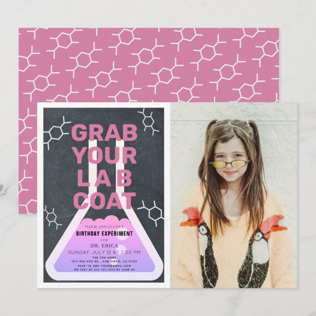 Invitation Science Flask Chalkboard Girl Pink Photo Anniversa (Devant / Derrière)