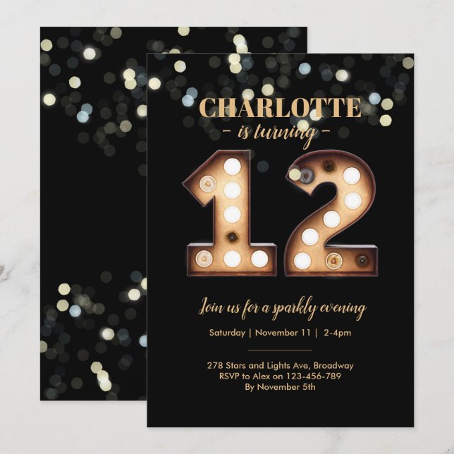 Invitation scintillante d'anniversaire de lumières (Devant / Derrière)
