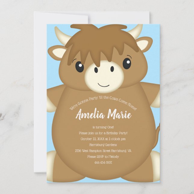 Invitation Scottish Highland Cow Anniversaire Party Blue (Devant)