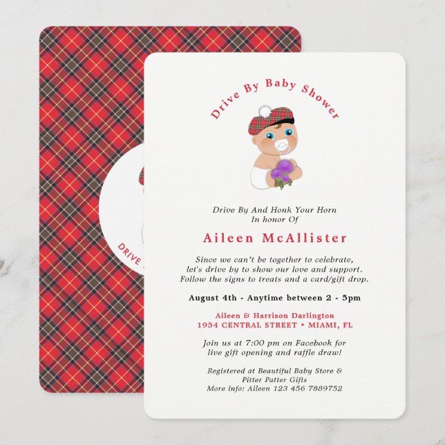 Invitation Scottish Tartan Plaid Cute Drive Par Baby shower D (Devant / Derrière)