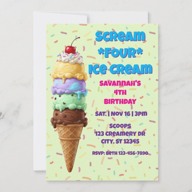 Invitation Scream FOUR Ice Cream, 4th Birthday  (Devant)