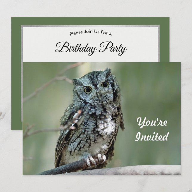 Invitation Screch Owl Tree Branch Photo Birthday (Devant / Derrière)