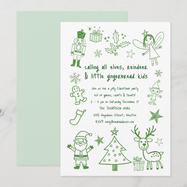Invitation Scribble Art Parties scintillant Vert Enfants Noël (Devant / Derrière)