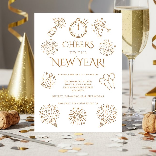 Invitation Scribble Doodles Gold Cheers to New Year Party (Créateur téléchargé)