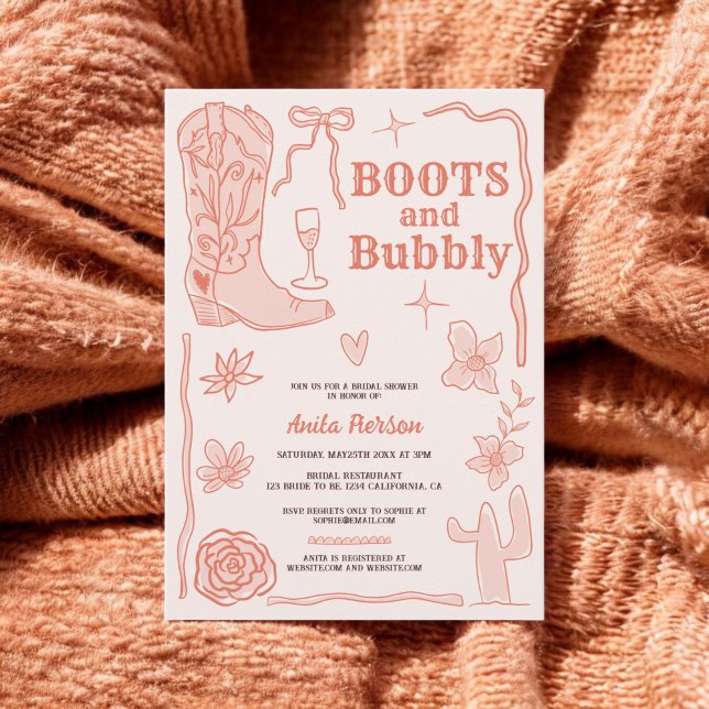 Invitation Scribbles en terre cuite bottes bulle douche nupti (Terracotta scribbles boots bubbly bridal shower invitation)