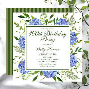 Invitation Script 100th Birthday Blue Hydrangeas