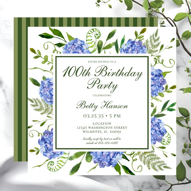 Invitation Script 100th Birthday Blue Hydrangeas (Créateur téléchargé)