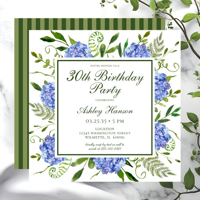 Invitation Script 30th Birthday Blue Hydrangeas (Créateur téléchargé)