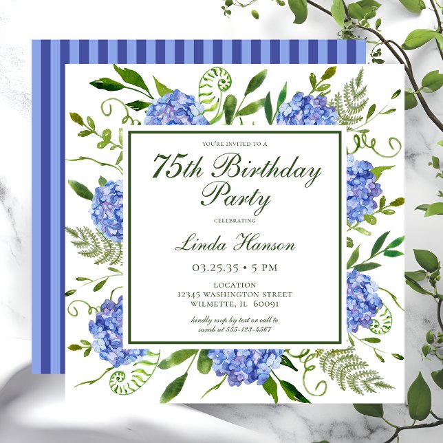 Invitation Script 75th Birthday Blue Hydrangeas (Créateur téléchargé)