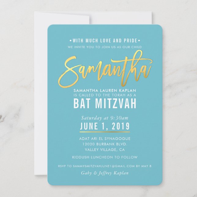 Invitation Script bat mitzvah en or blanc turquoise SAMANTHA (Devant)