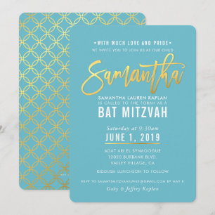Invitation Script bat mitzvah en or blanc turquoise SAMANTHA