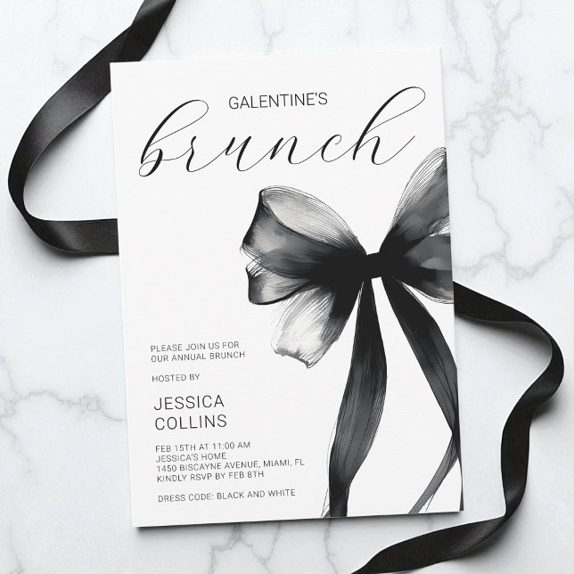 Invitation Script Black Bow Galentine's Day Brunch Party (Script Black Bow Galentine's Day Brunch Party Invitation)