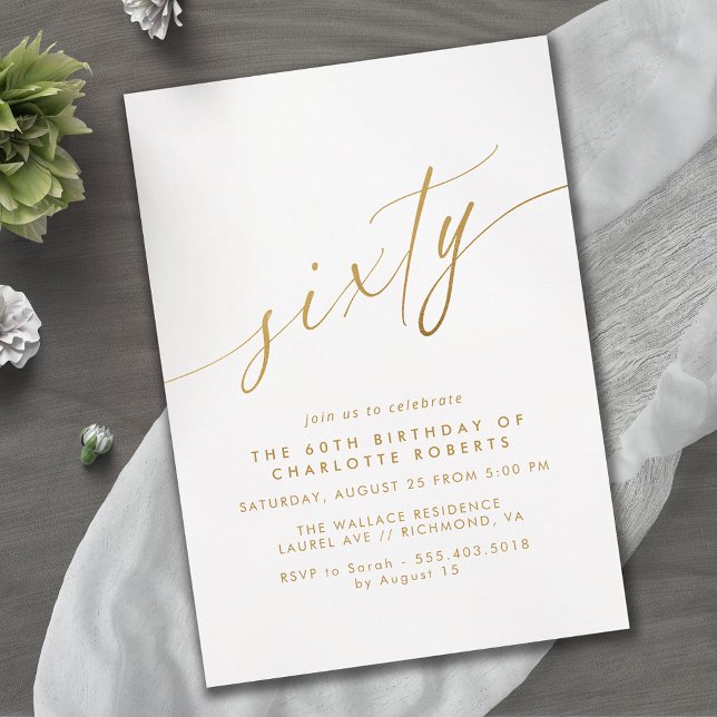 Invitation Script blanc et or | Simple Elegant 60e anniversai (Créateur téléchargé)