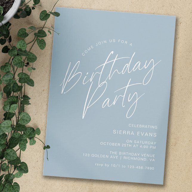 Invitation Script bleu poussiéreux | Moderne Simple Tout âge  (Créateur téléchargé)