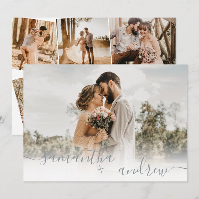 Invitation Script bleu poussiéreux simple 5 photos mariage (Devant / Derrière)