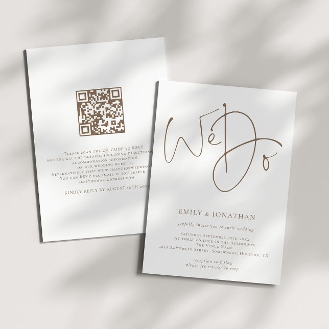 Invitation Script Brown moderne Nous faisons QR Code Mariage (Front and back view)