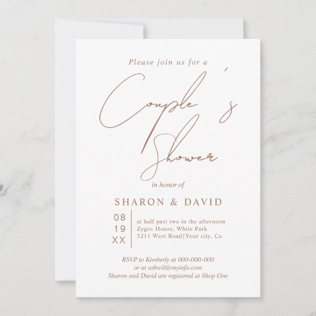 Invitation Script calligraphie mocha et douche de couple blan (Devant)