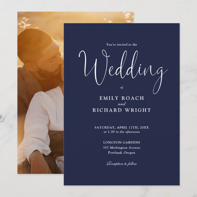 Invitation Script Calligraphie photo Mariage bleu marine (Devant / Derrière)