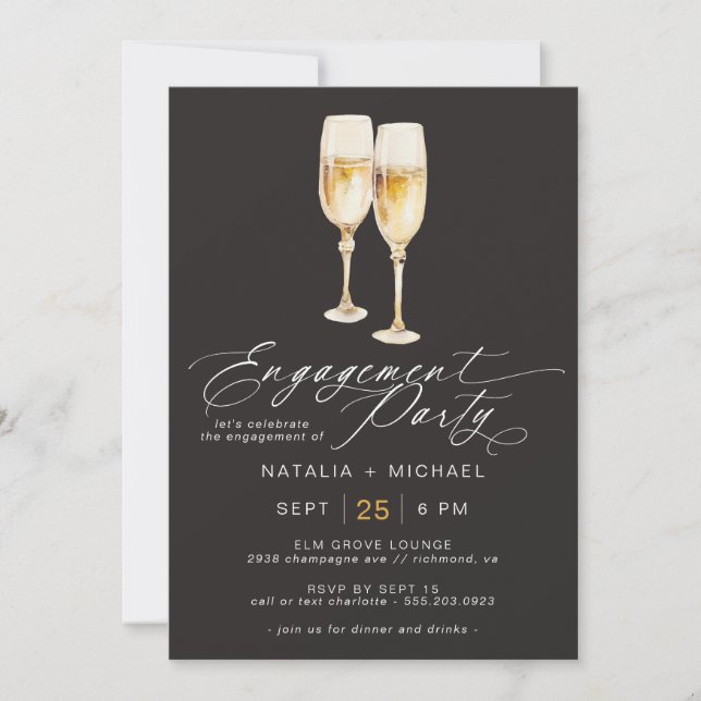 Invitation Script Champagne | Elegant Black Engagement Party (Devant)