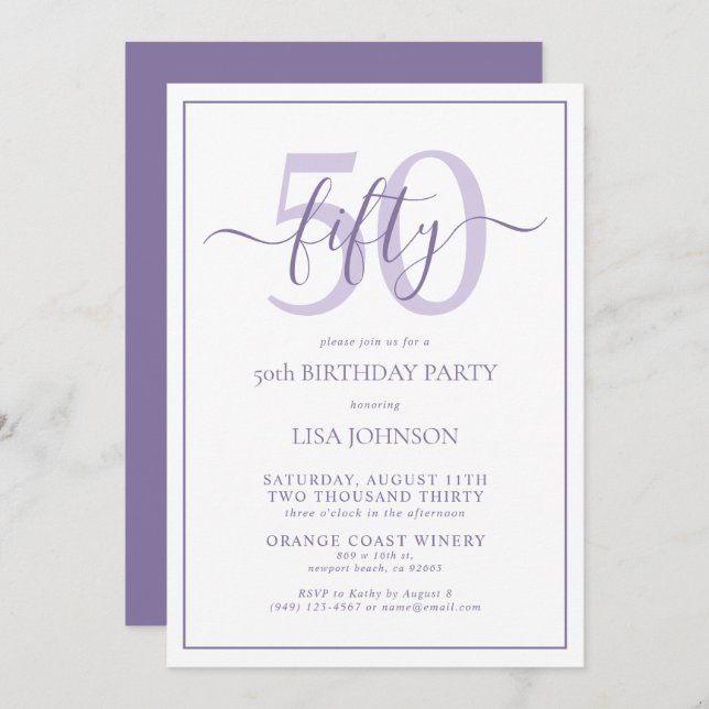 Invitation Script classique Lilac Lavender 50e anniversaire (Devant / Derrière)